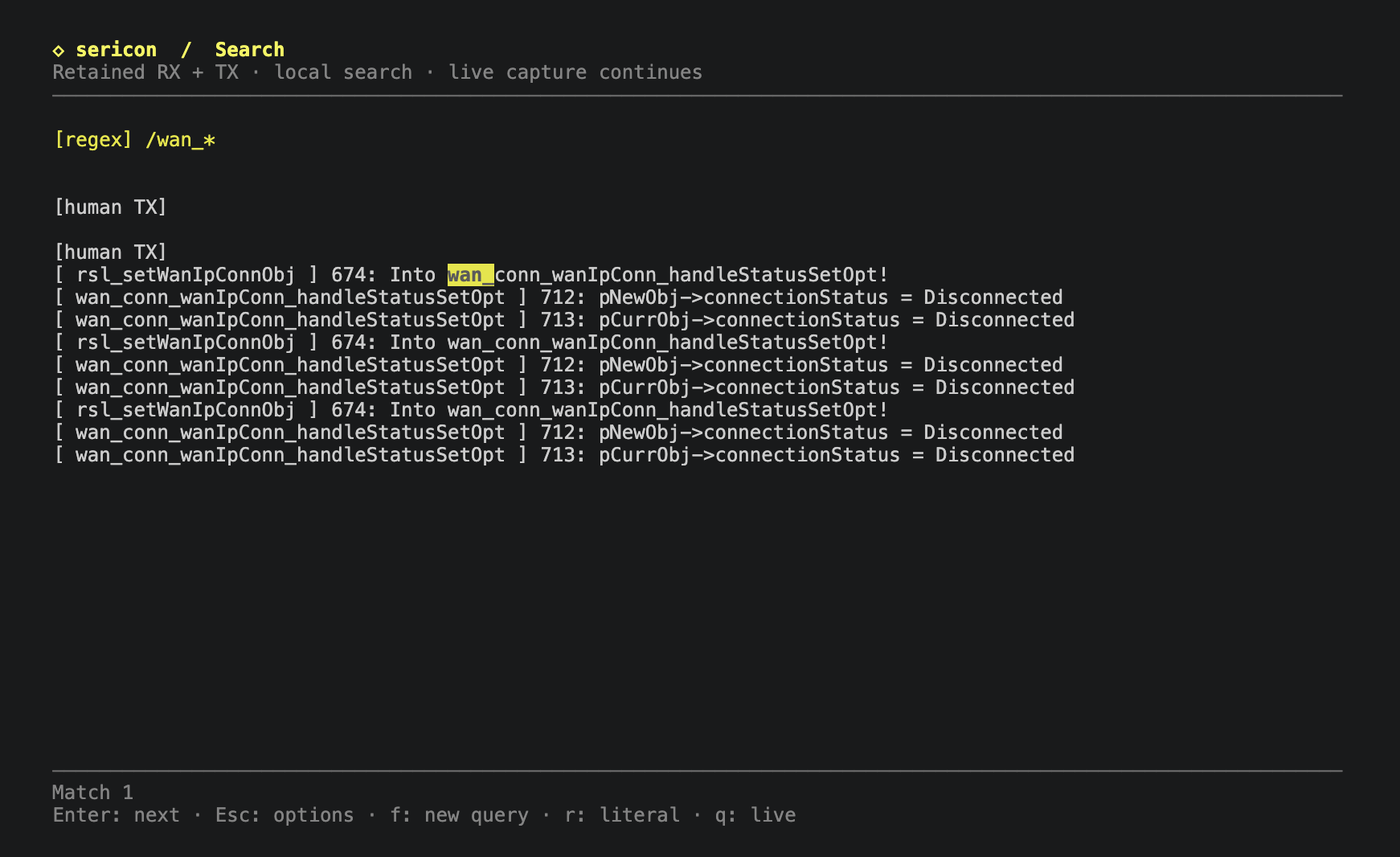 Regex results with a highlighted match and surrounding UART text